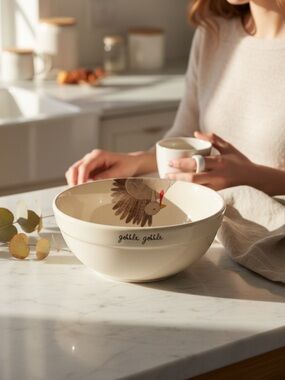 Rae Dunn Turkey 'gobble gobble' Bowl Ceramic Cream/Brown Serving 8” Bowl EUC